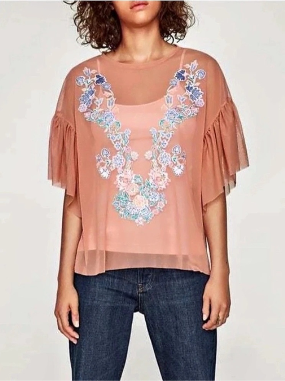 Floral Embroidered Flutter Sleeve Blouse in Pink
